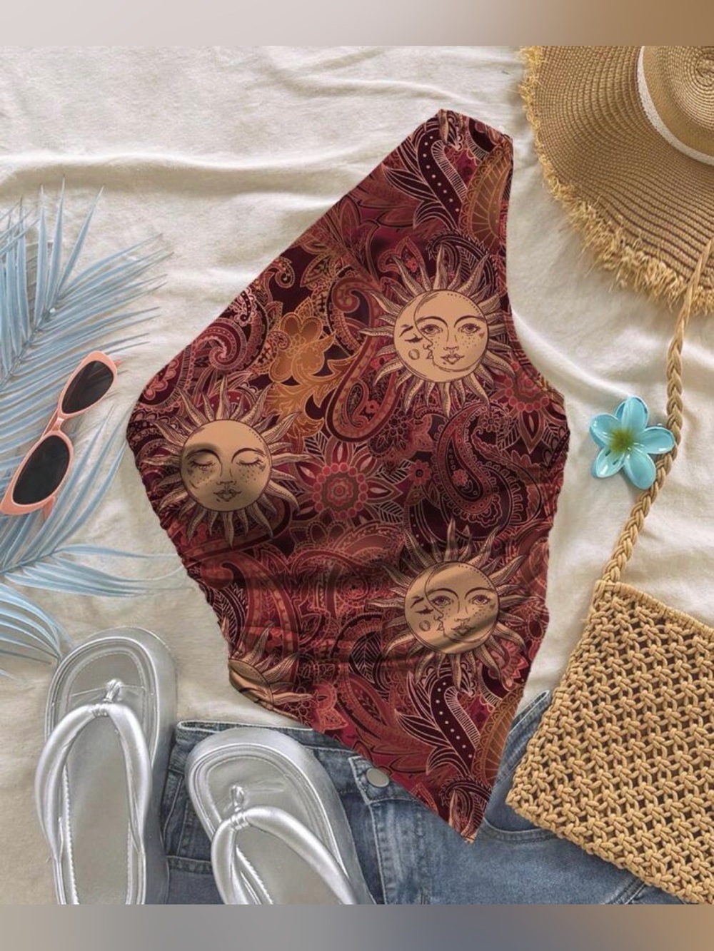 SHEIN Vintage Golden Sun Pattern Paisley Pattern One Shoulder Top (XL-14)